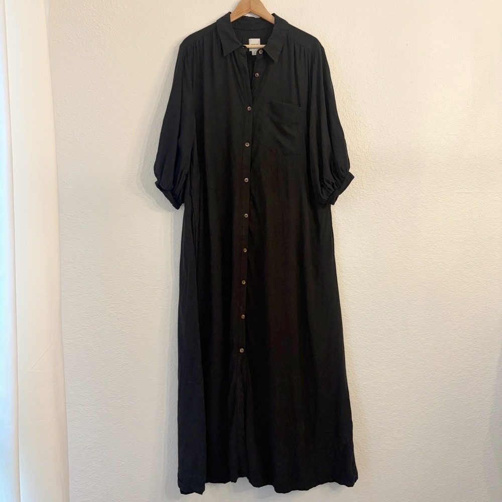 Anthropologie Maeve Mona Linen Shirt Dress L Maxi Puff Sleeve Resort Beach Black - Picture 3 of 12